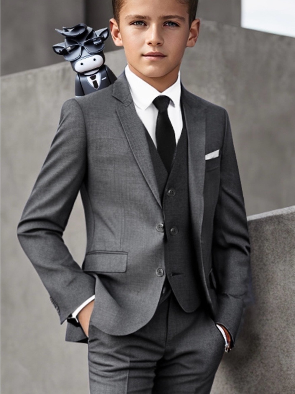 Black n Bianco Signature Boys Slim Fit 3-Piece Suit Charcoal Size 8